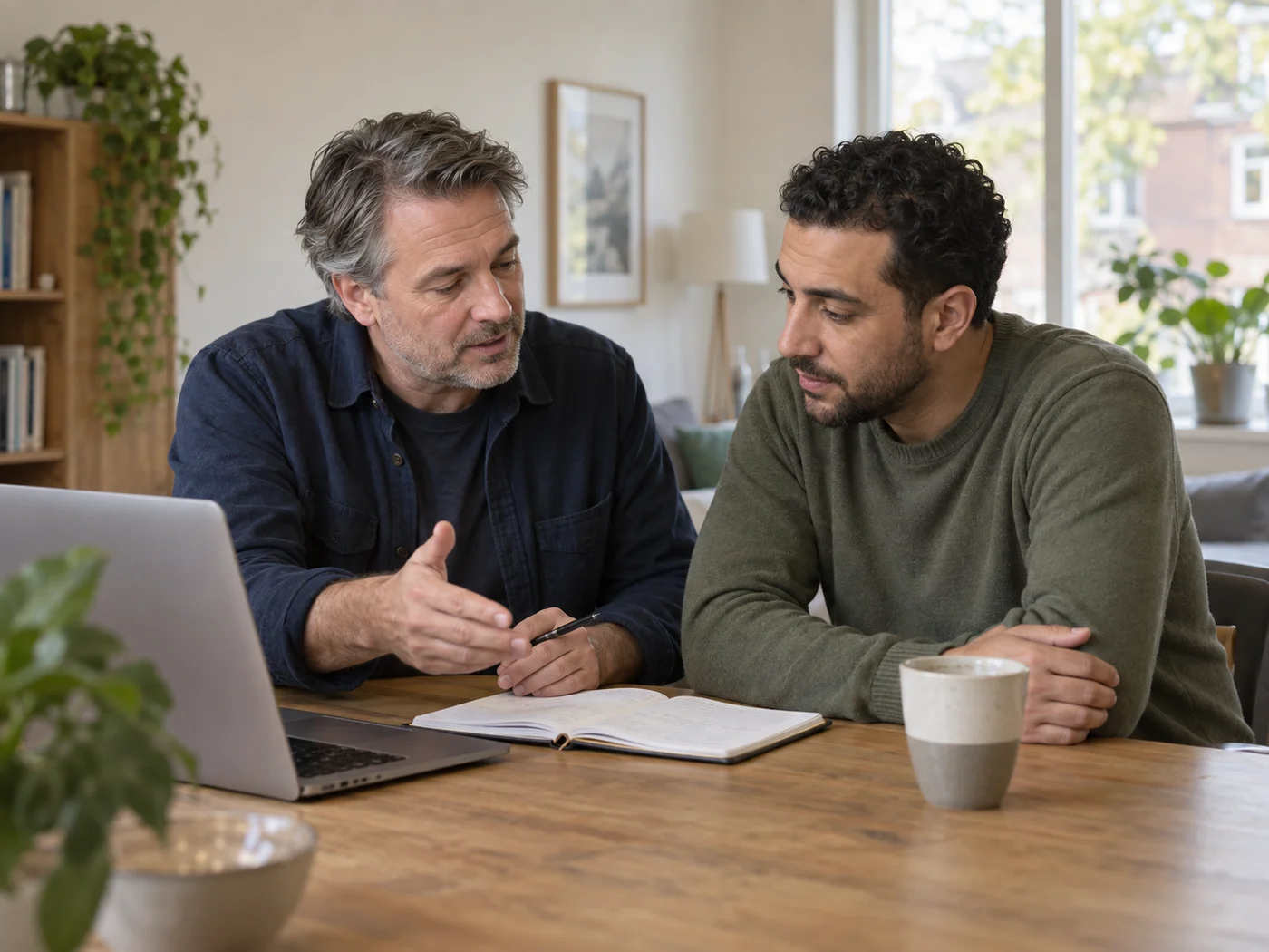 Sfeerbeeld van twee mannen die samen praktische zaken bespreken