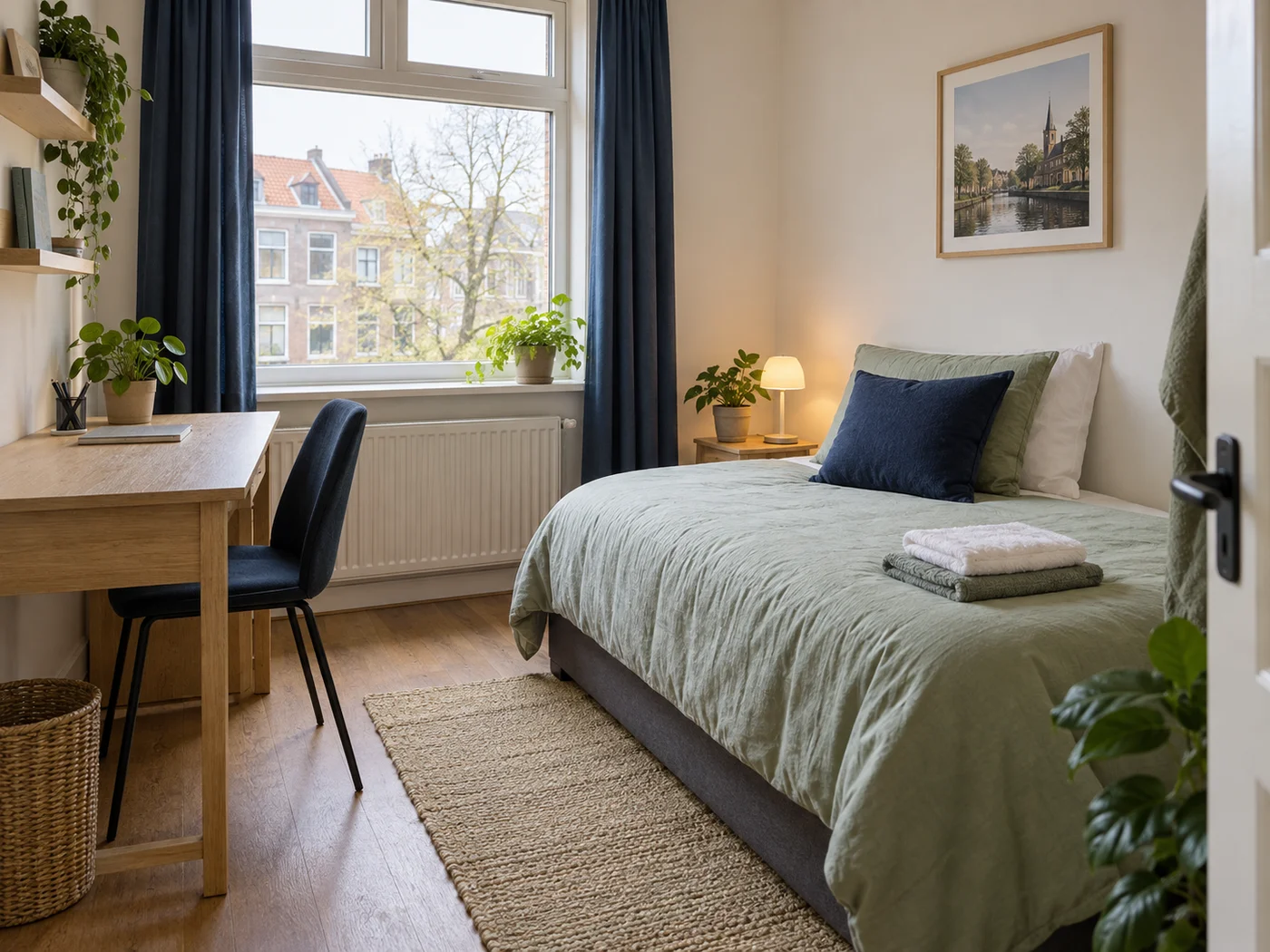 Sfeerbeeld van een lichte logeerkamer