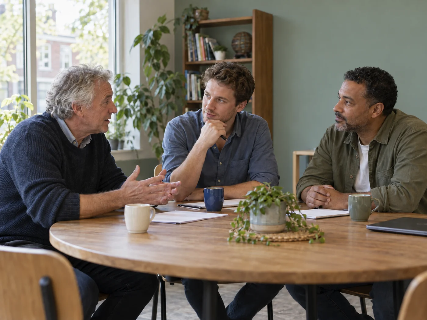 Sfeerbeeld van drie mannen in een gezamenlijk overleg