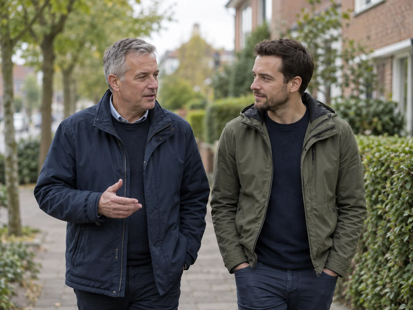 Sfeerbeeld van twee mannen die tijdens een wandeling in gesprek zijn